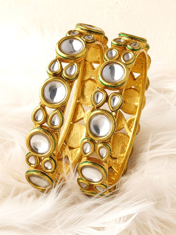 Karatcart Set of 2 Gold Plated Round Polki Kundan Bangles for Women