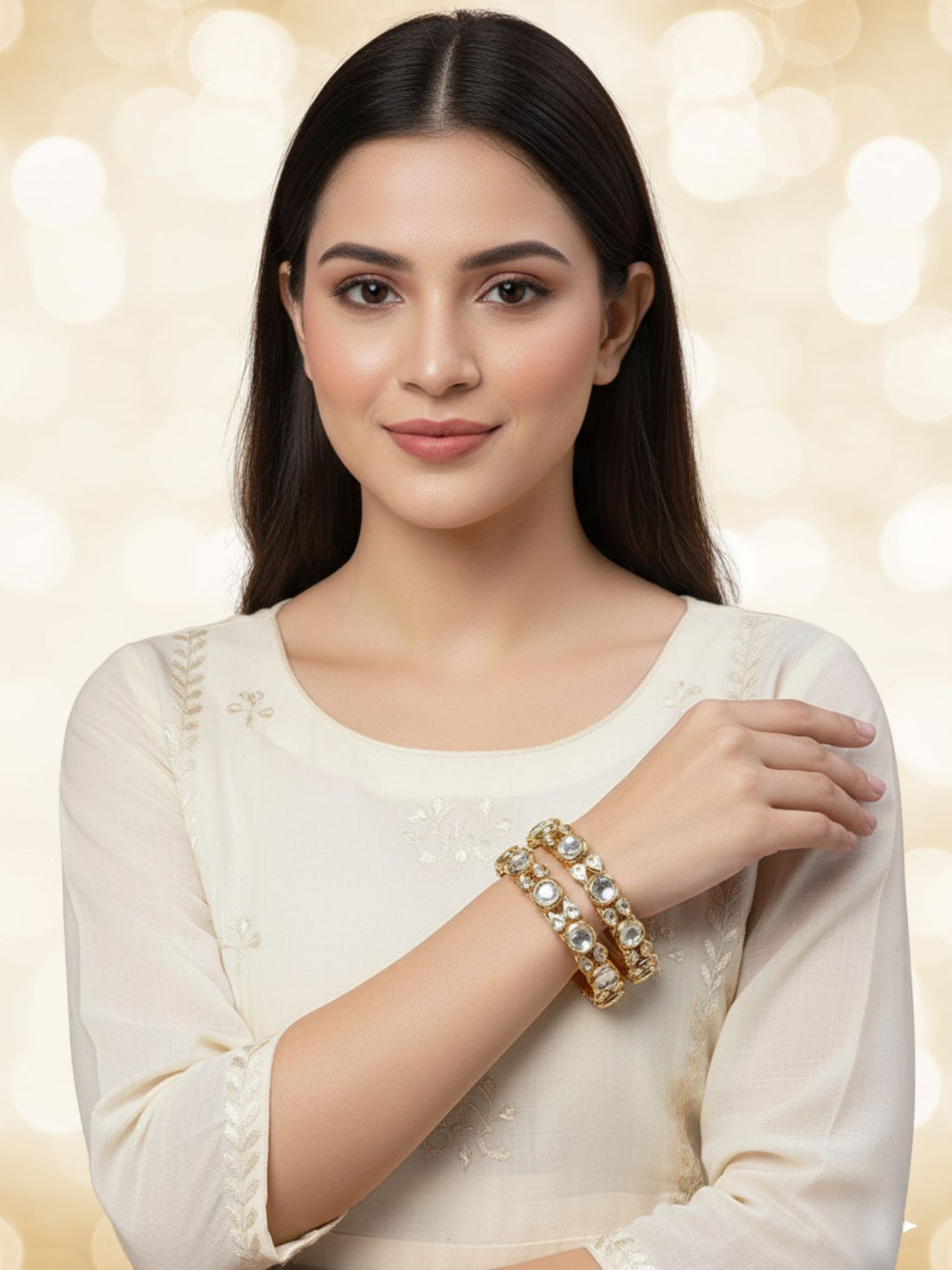 Karatcart Set of 2 Gold Plated Round Polki Kundan Bangles for Women