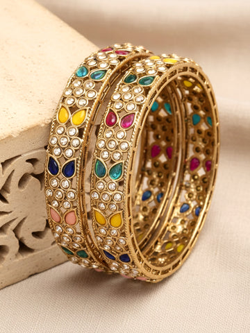 Karatcart Antique Gold Plated Floral Design Multicolor Kundan Studded Bangles for Women
