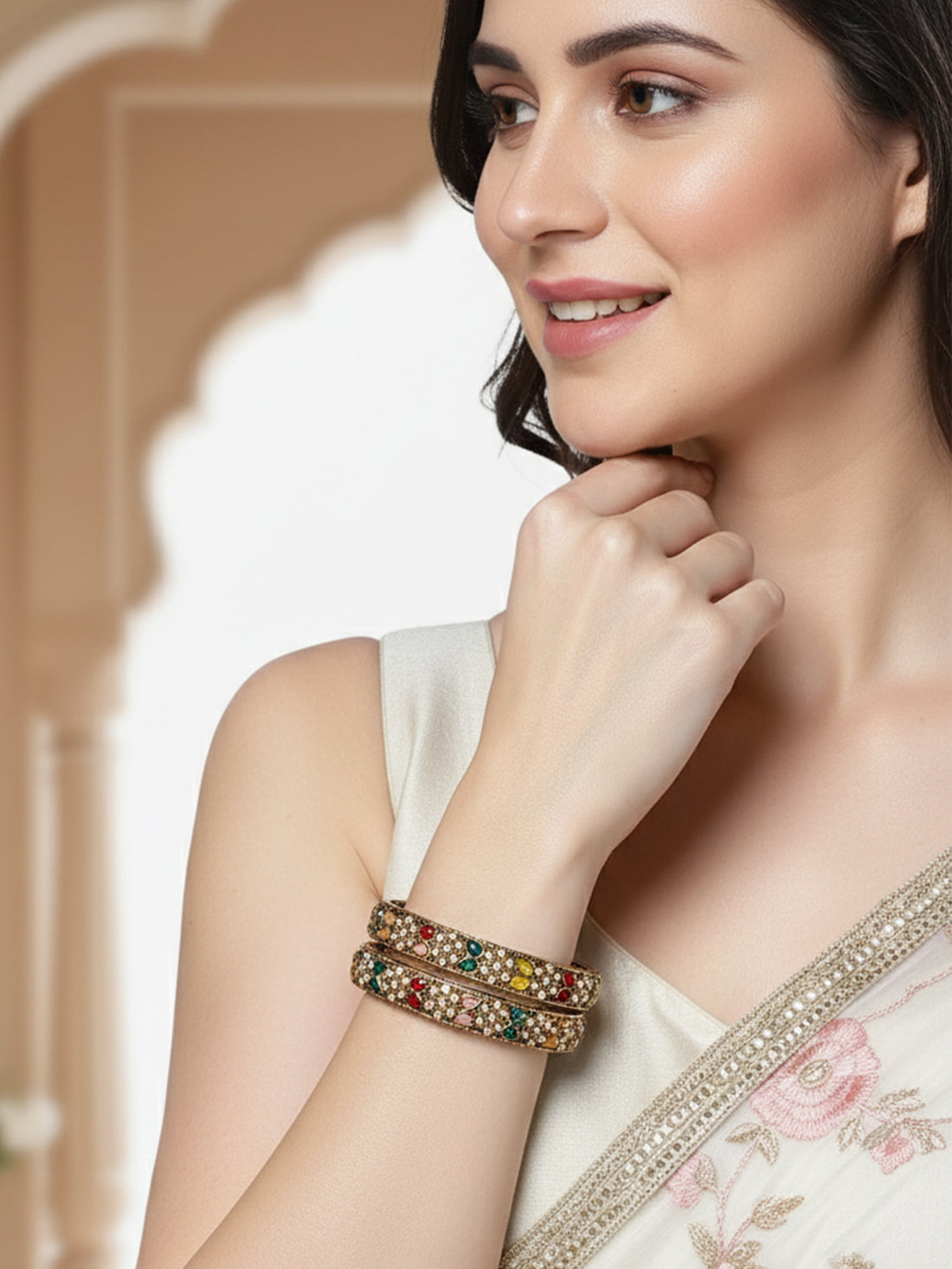 Karatcart Antique Gold Plated Floral Design Multicolor Kundan Studded Bangles for Women