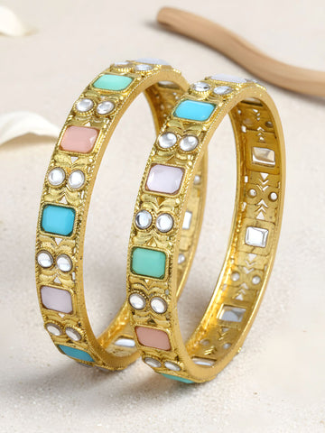 Karatcart Gold Plated Set of 2 Multicolor Kundan Stone Bangles for Women