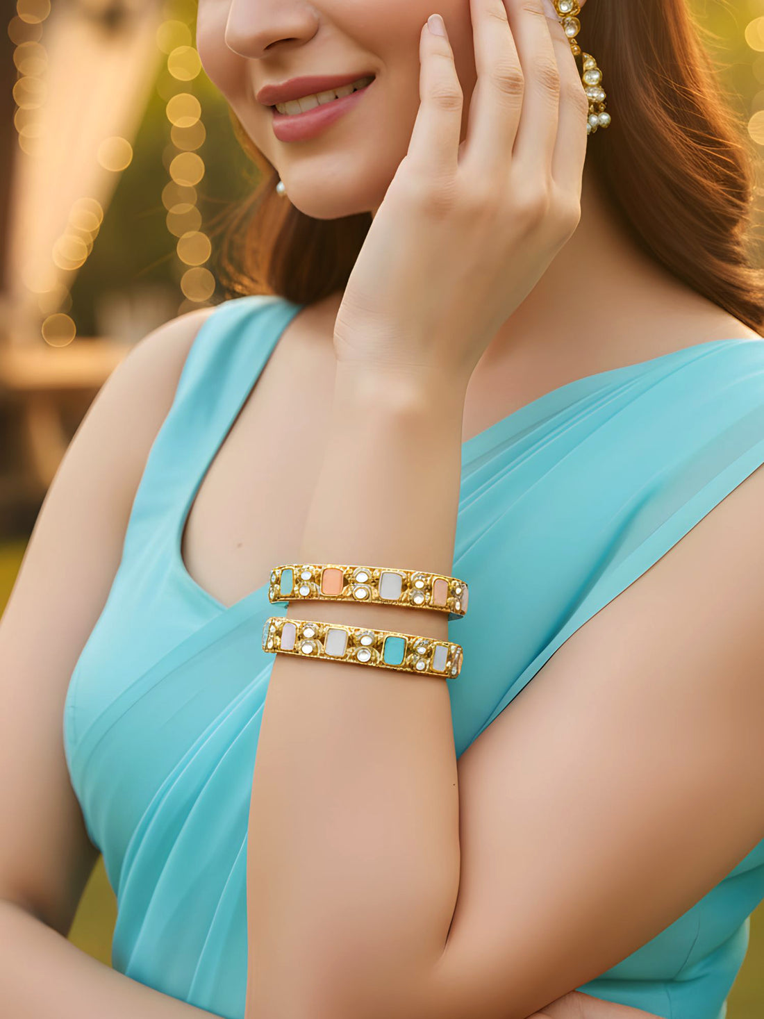 Karatcart Gold Plated Set of 2 Multicolor Kundan Stone Bangles for Women