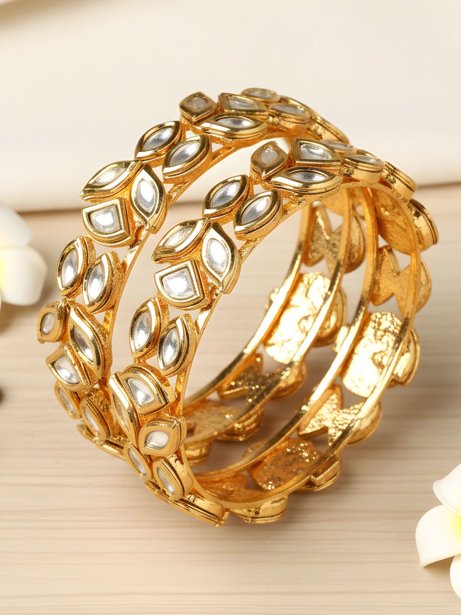 Karatcart Set of 2 Polki Gold-Plated Pearl Studded Bangles for Women