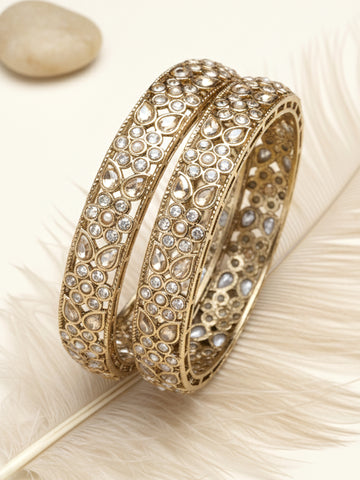 Karatcart Set of 2 Kundan Studded Floral Design Antique Gold Plated Bangles for Women