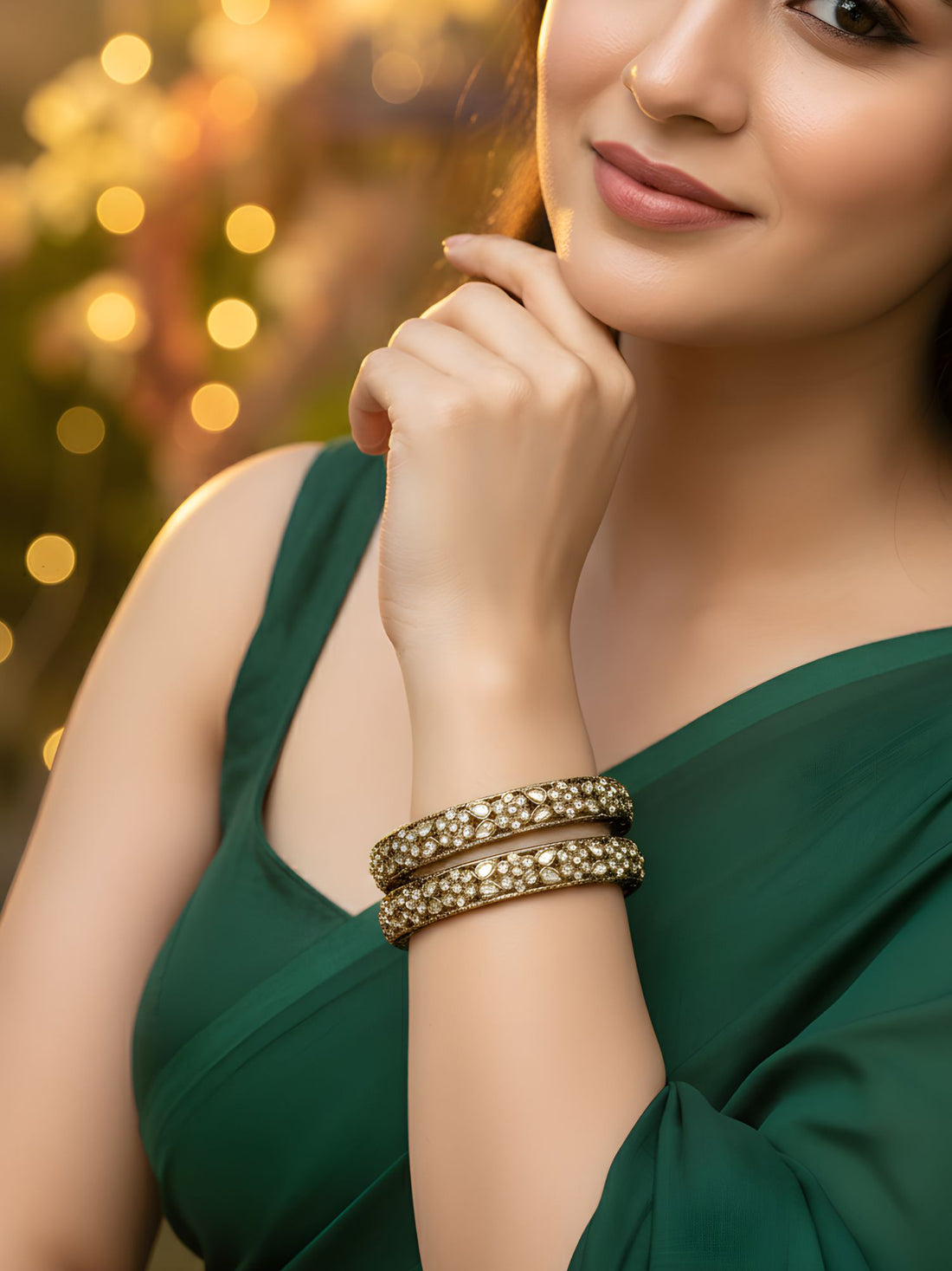 Karatcart Set of 2 Kundan Studded Floral Design Antique Gold Plated Bangles for Women