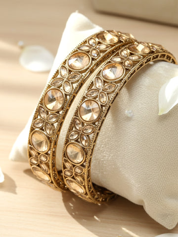 Karatcart Set of 2 Antique Gold Plated Floral Golden Kundan Studded Bangles for Women