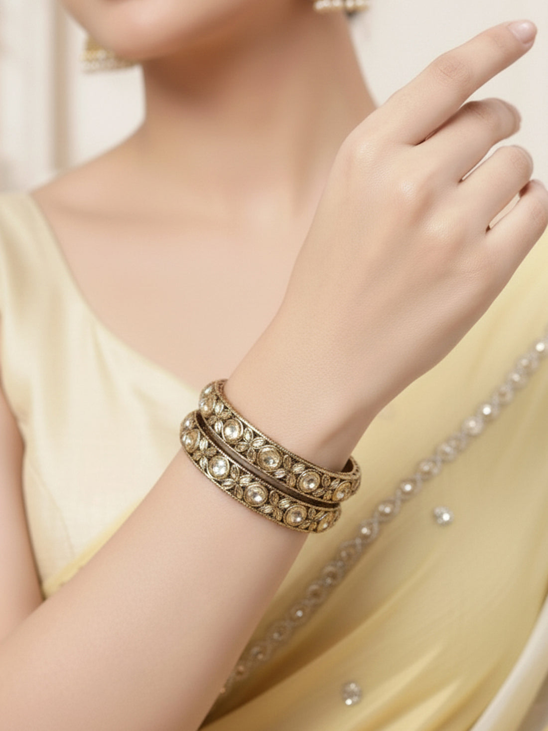 Karatcart Set of 2 Antique Gold Plated Floral Golden Kundan Studded Bangles for Women