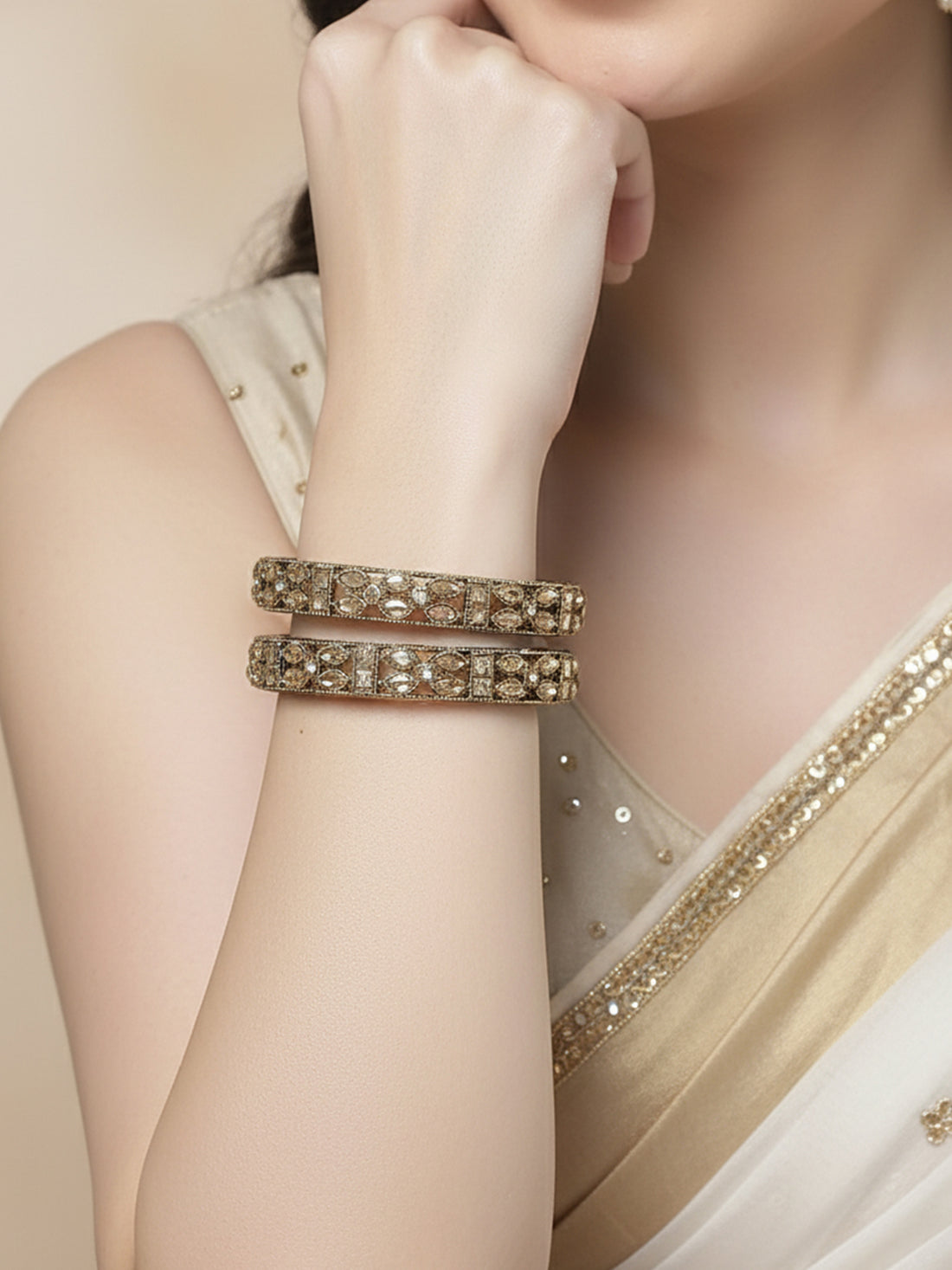 Karatcart Antique Gold Plated Set of 2 Kundan Studded Bangles for Women