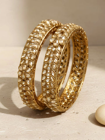 Karatcart Gold Plated Leaf Design Golden Kundan Studded Set of 2 Bangles Set for Women
