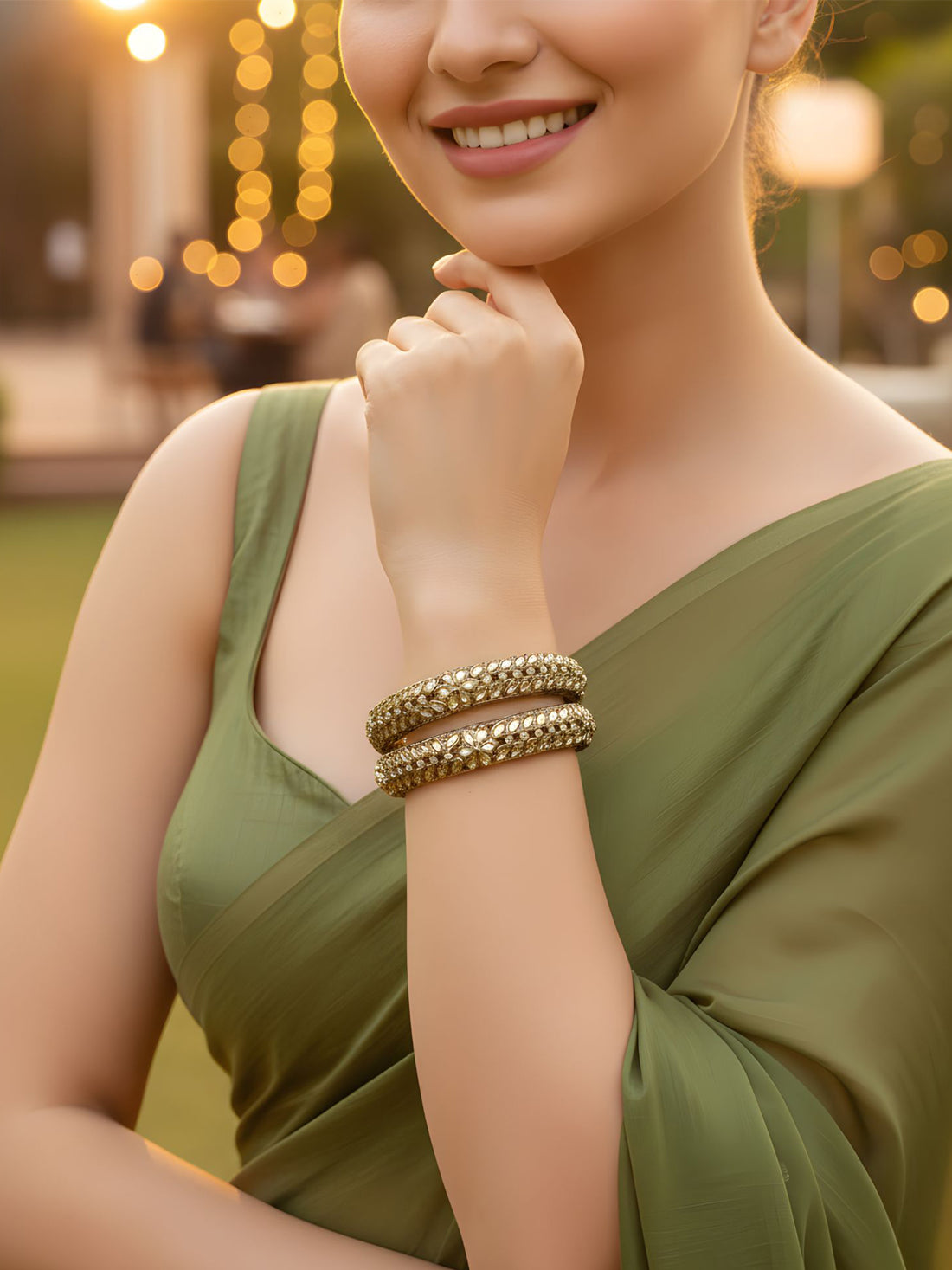 Karatcart Gold Plated Leaf Design Golden Kundan Studded Set of 2 Bangles Set for Women