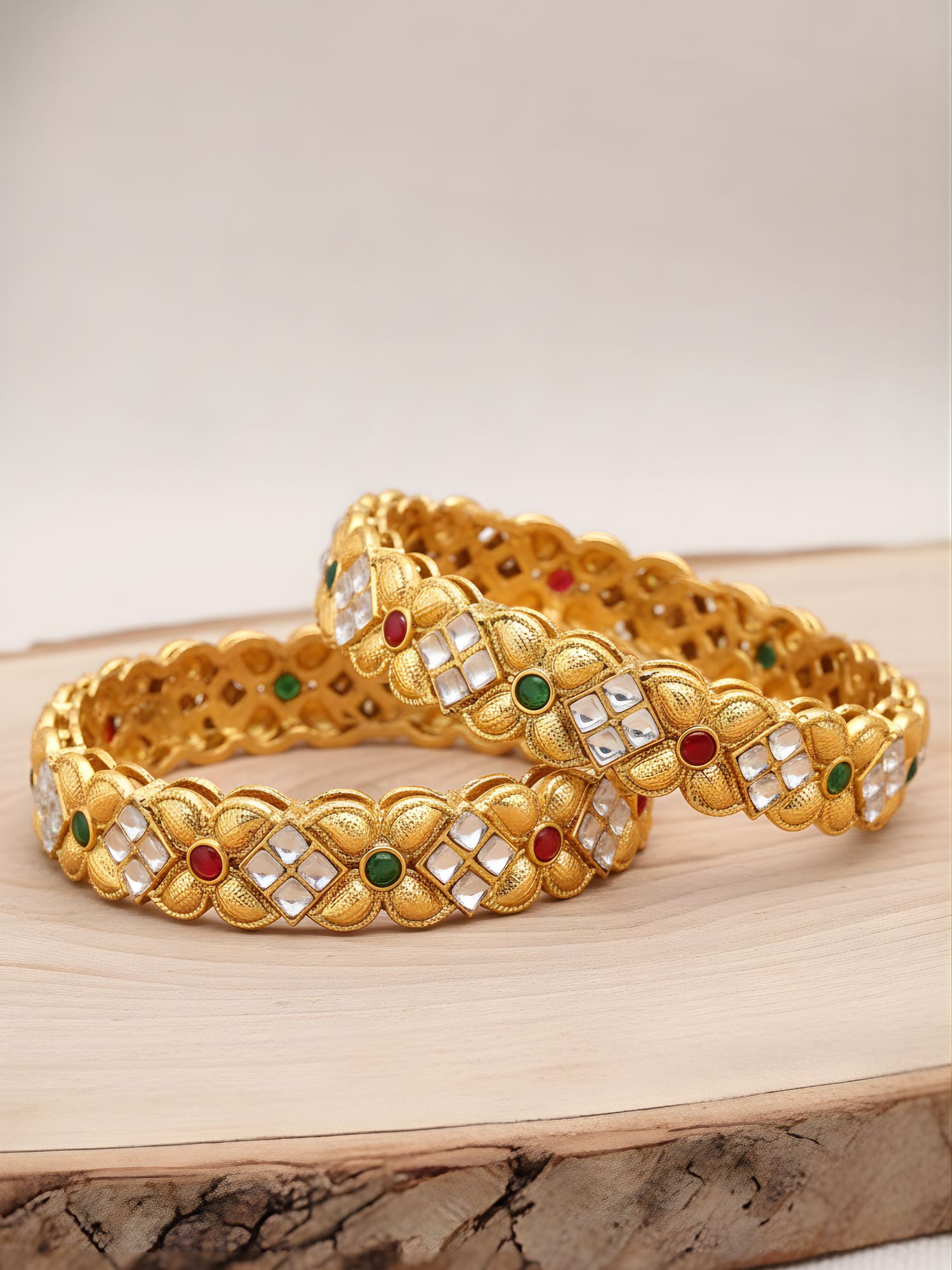 Karatcart Antique Gold Plated Floral Design Multicolor Stone Studded Bangles for Women