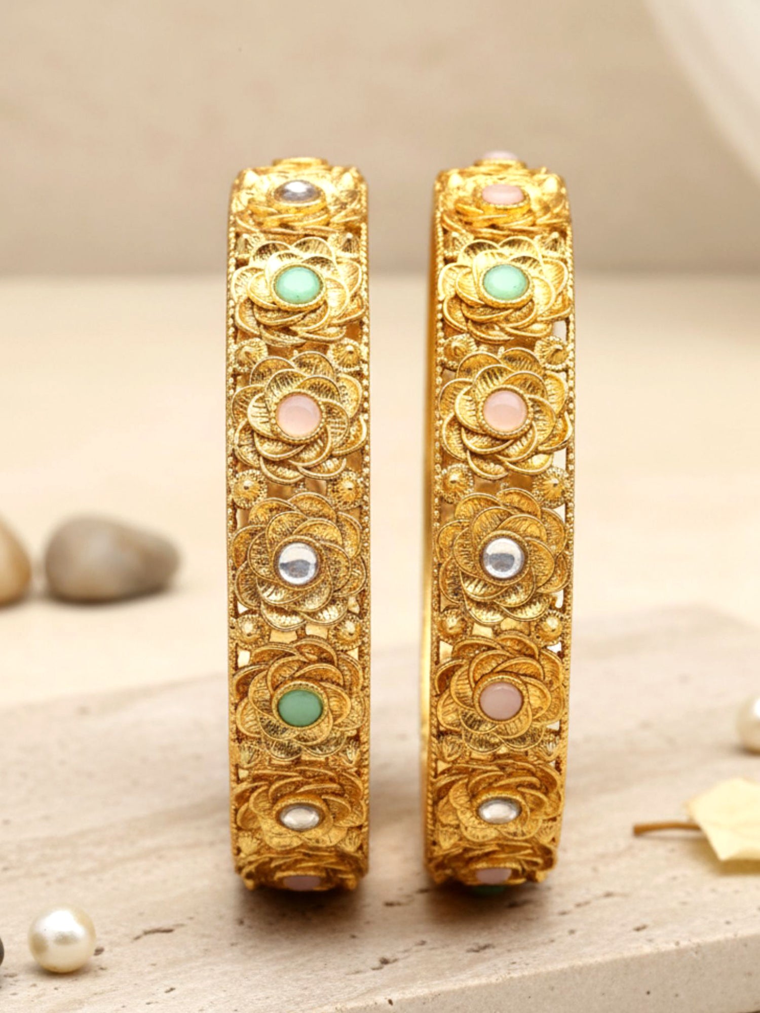Karatcart Gold Plated Set of 2 Floral Design Multicolor Stone Studded Bangles for Women