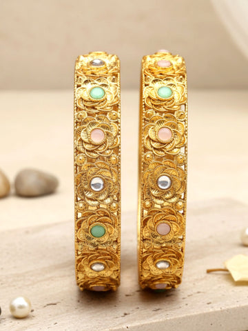 Karatcart Gold Plated Set of 2 Floral Design Multicolor Stone Studded Bangles for Women