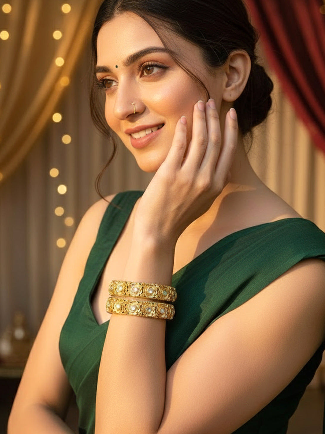 Karatcart Gold Plated Set of 2 Floral Design Multicolor Stone Studded Bangles for Women