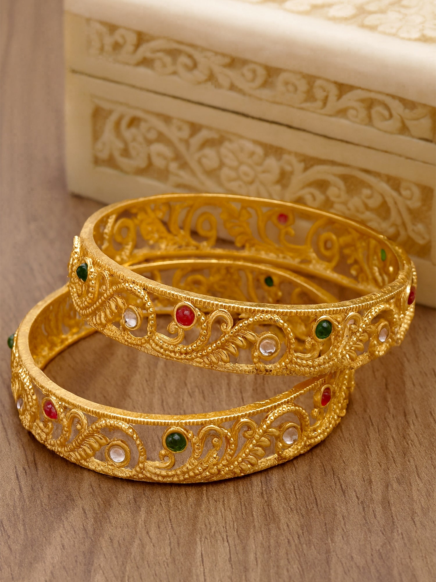 Karatcart Gold Plated Set of 2 Swirl Design Multicolor Stone Studded Bangles for Women