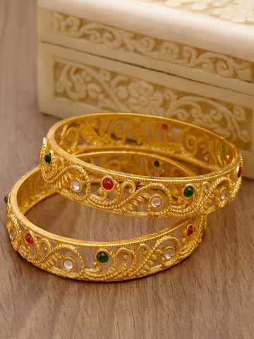 Karatcart Gold Plated Set of 2 Swirl Design Multicolor Stone Studded Bangles for Women