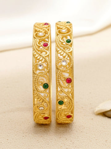 Karatcart Gold Plated Set of 2 Swirl Design Multicolor Stone Studded Bangles for Women