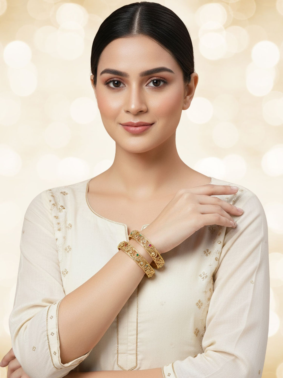 Karatcart Gold Plated Set of 2 Swirl Design Multicolor Stone Studded Bangles for Women