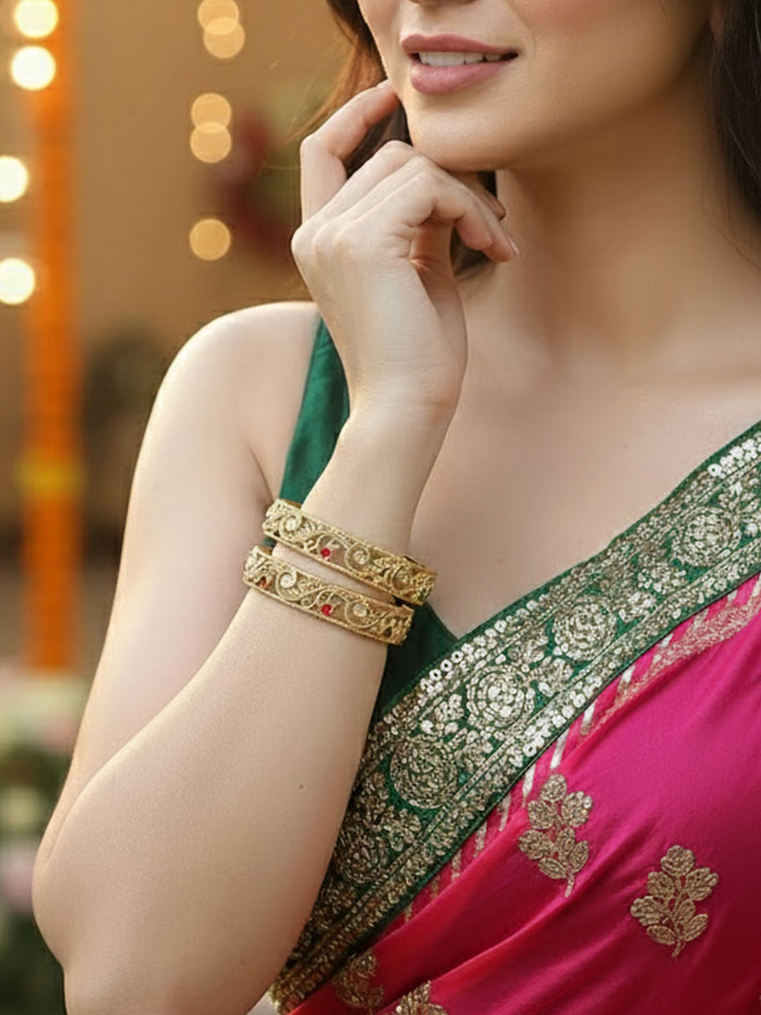 Karatcart Gold Plated Set of 2 Swirl Design Multicolor Stone Studded Bangles for Women