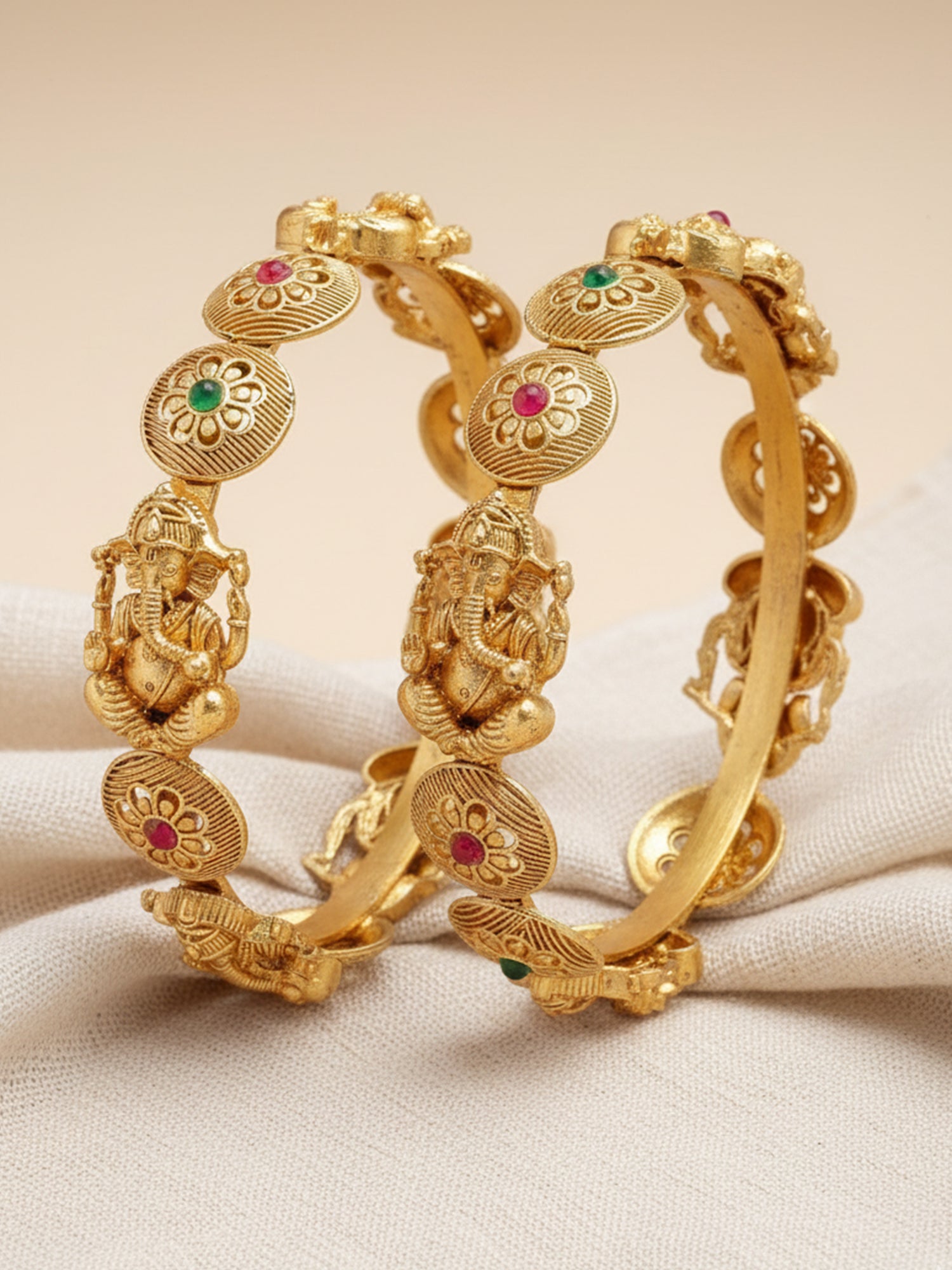 Karatcart Gold Plated Lord Ganesha Set of 2 Temple Bangles Set for Women