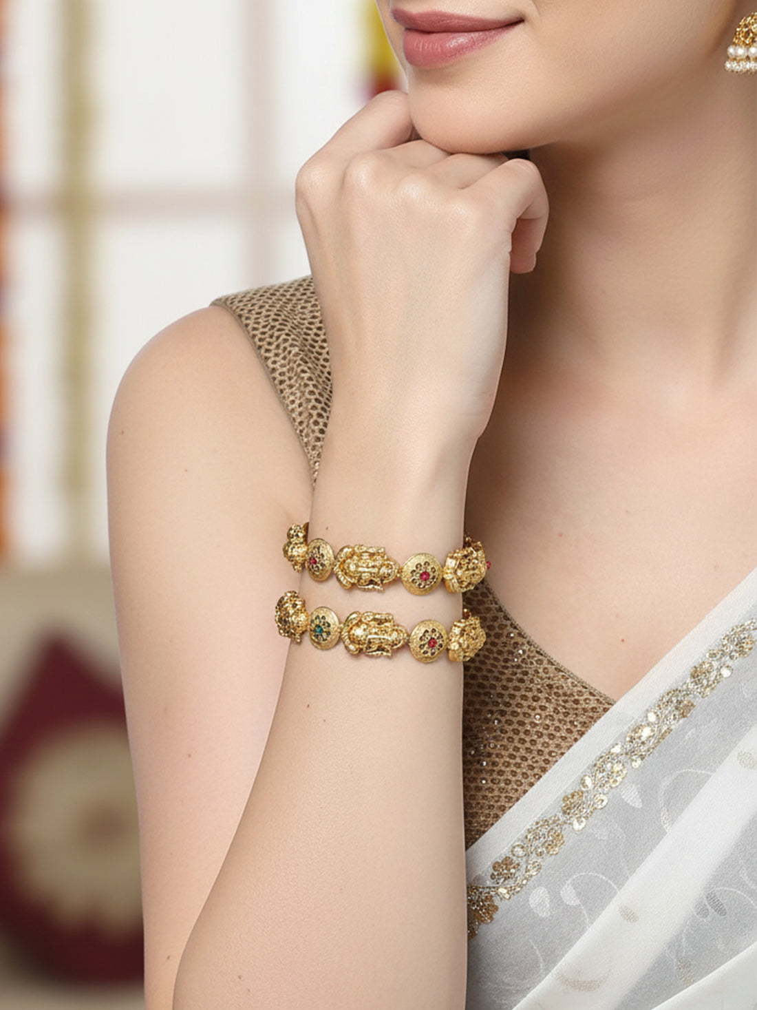 Karatcart Gold Plated Lord Ganesha Set of 2 Temple Bangles Set for Women