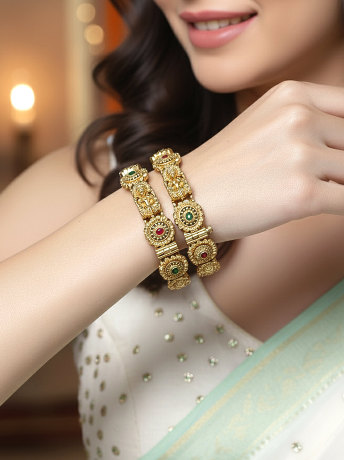 Karatcart Gold Plated Set of 2 Laxmi Mata Temple Bangles for Women