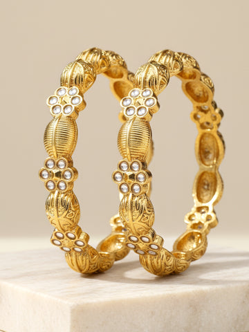 Karatcart Gold Plated Set of 2 Kundan Temple Bangles for Women
