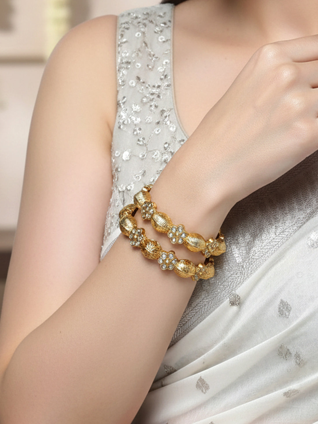 Karatcart Gold Plated Set of 2 Kundan Temple Bangles for Women