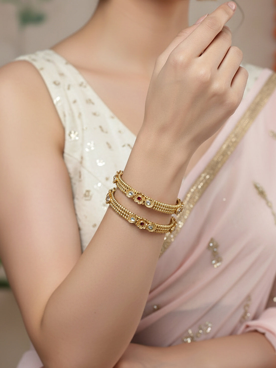 Karatcart Gold Plated Set of 2 Floral Design Bangles Set for Women