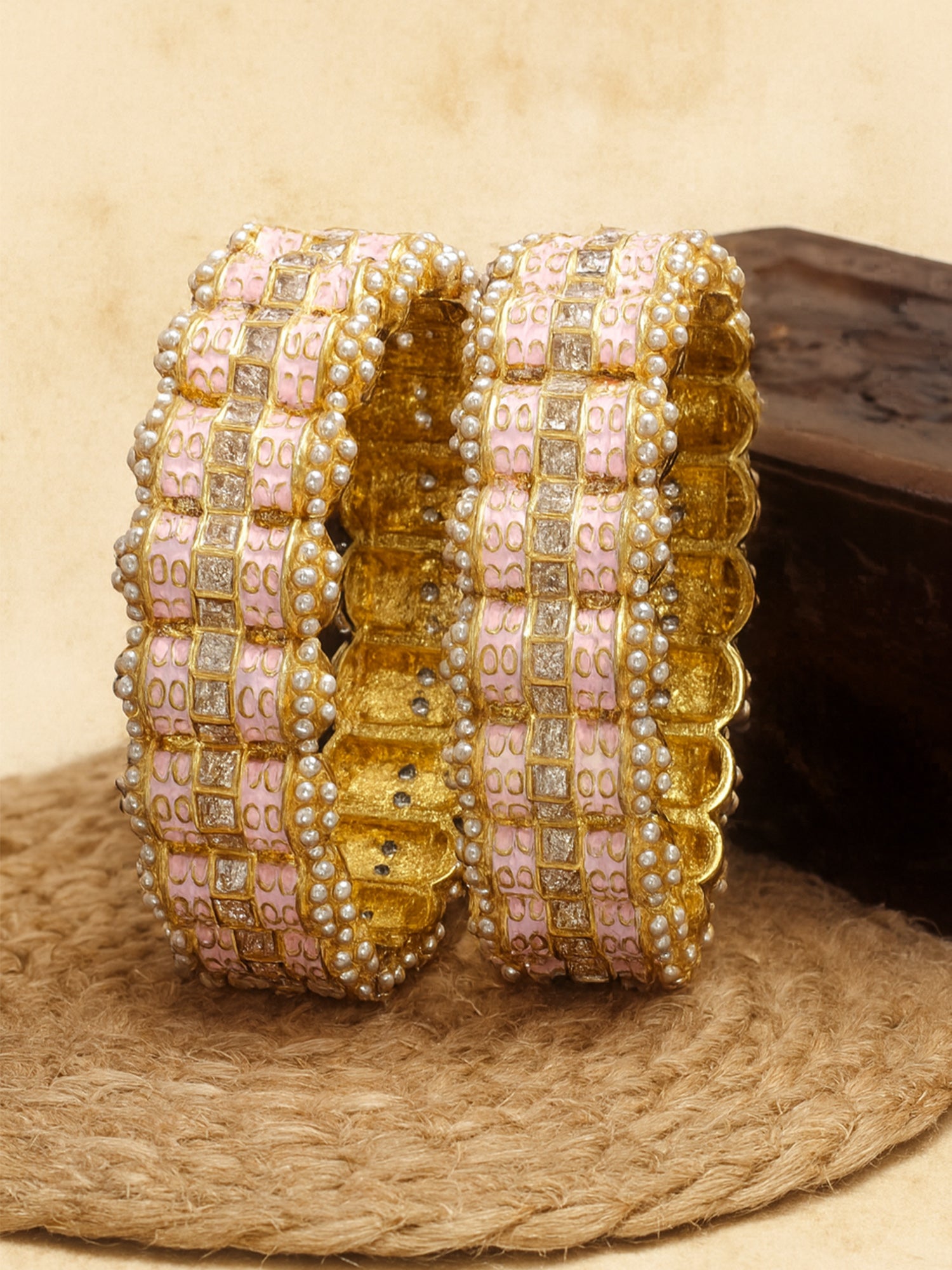 Karatcart Gold Plated Pink Meena Kundan Rajwadi Bangles Set for Women