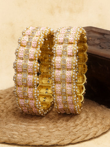 Karatcart Gold Plated Pink Meena Kundan Rajwadi Bangles Set for Women