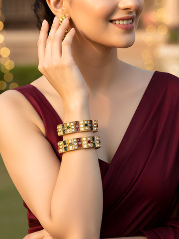Karatcart Gold Plated Red and Green Meena Kundan Studded Bangles Set for Women