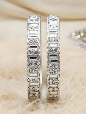 Karatcart Silver Plated Set of 2 Cubic Zirconia Studded Bangles for Women