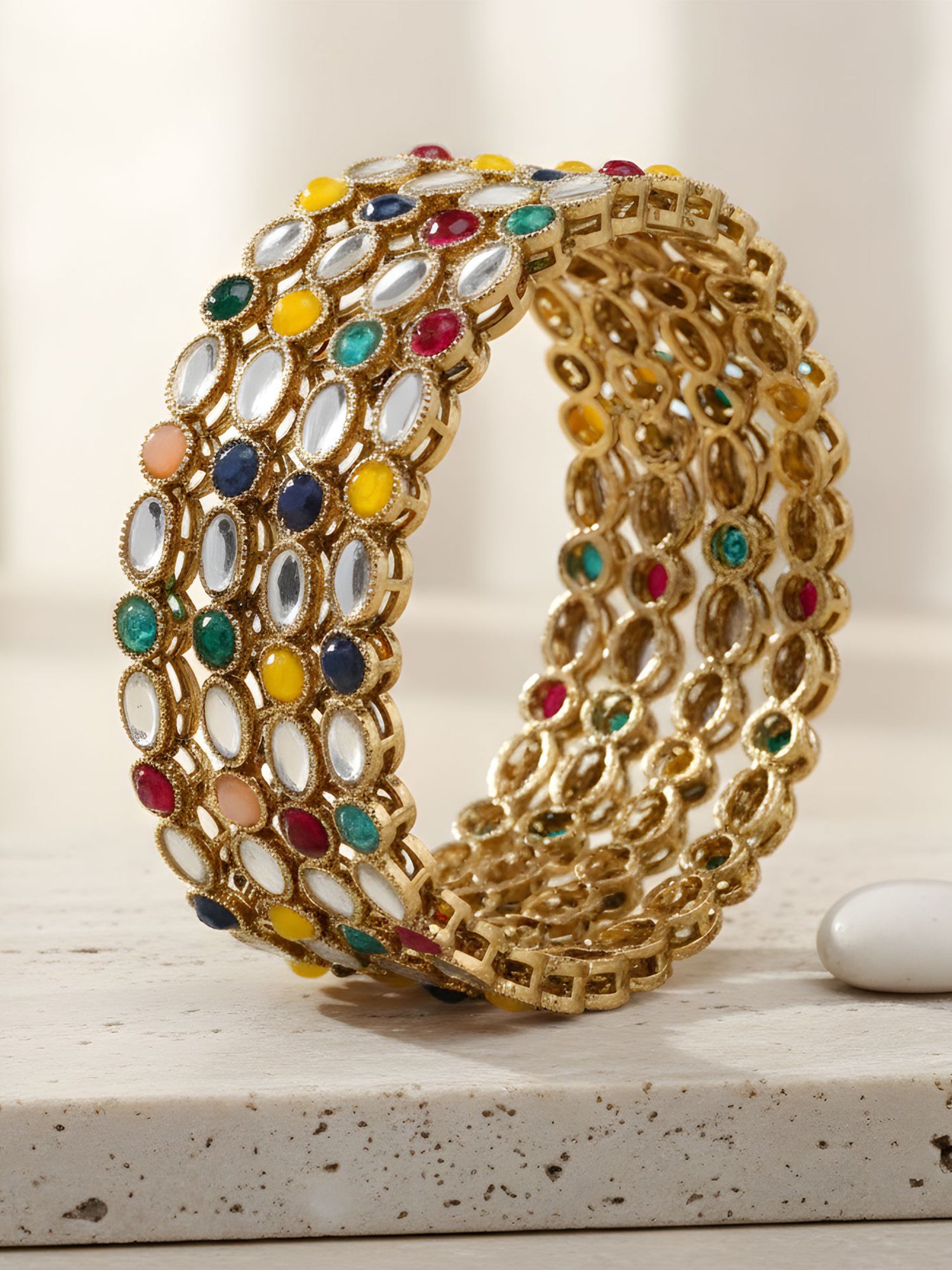 Karatcart Gold Plated Set of 4 Oval Shape Multicolor Stone Studded Bangles for Women