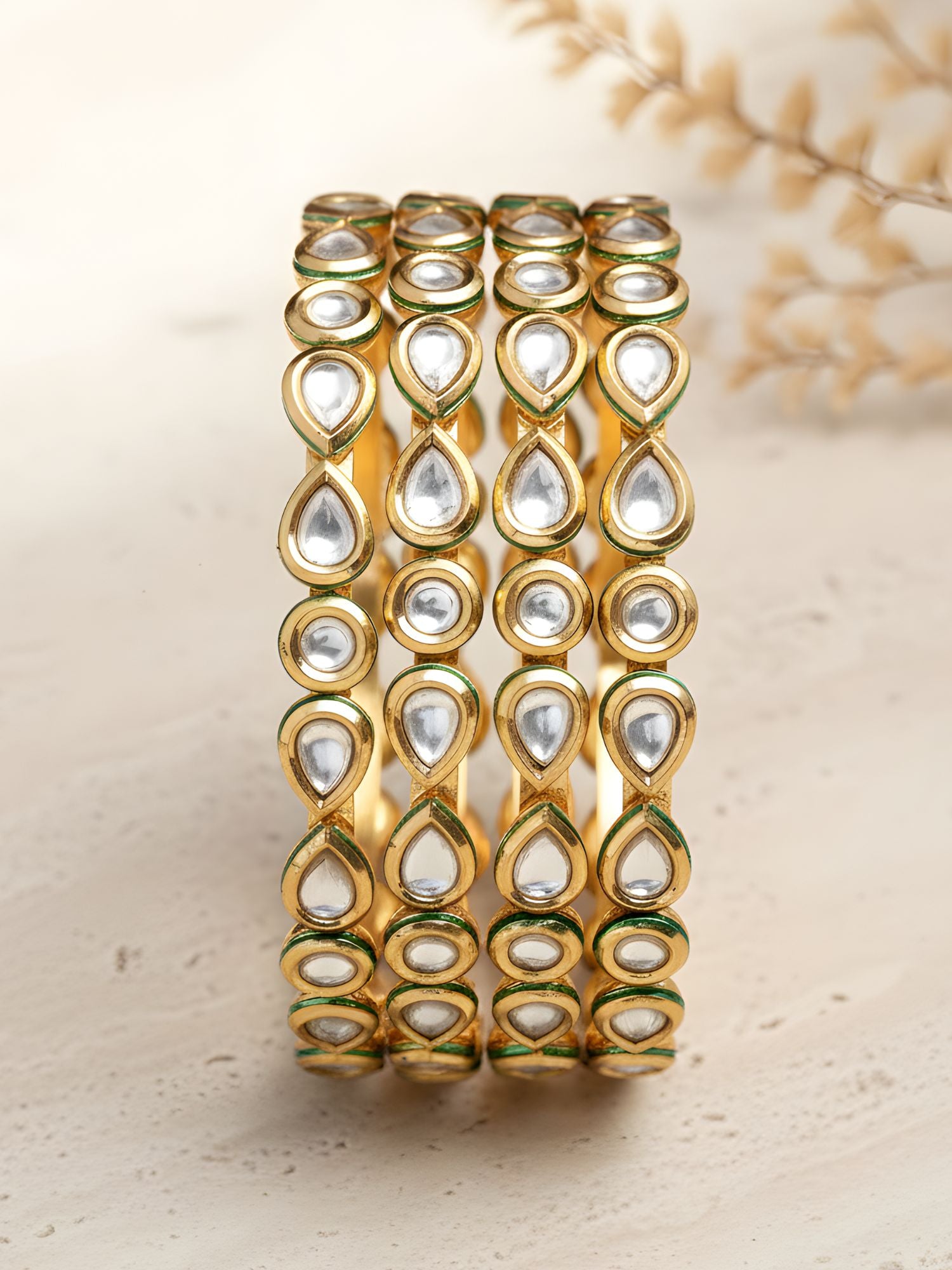 Karatcart Set of 4 Gold Plated Round and Drop Shape Polki Kundan Studded Bangles for Women