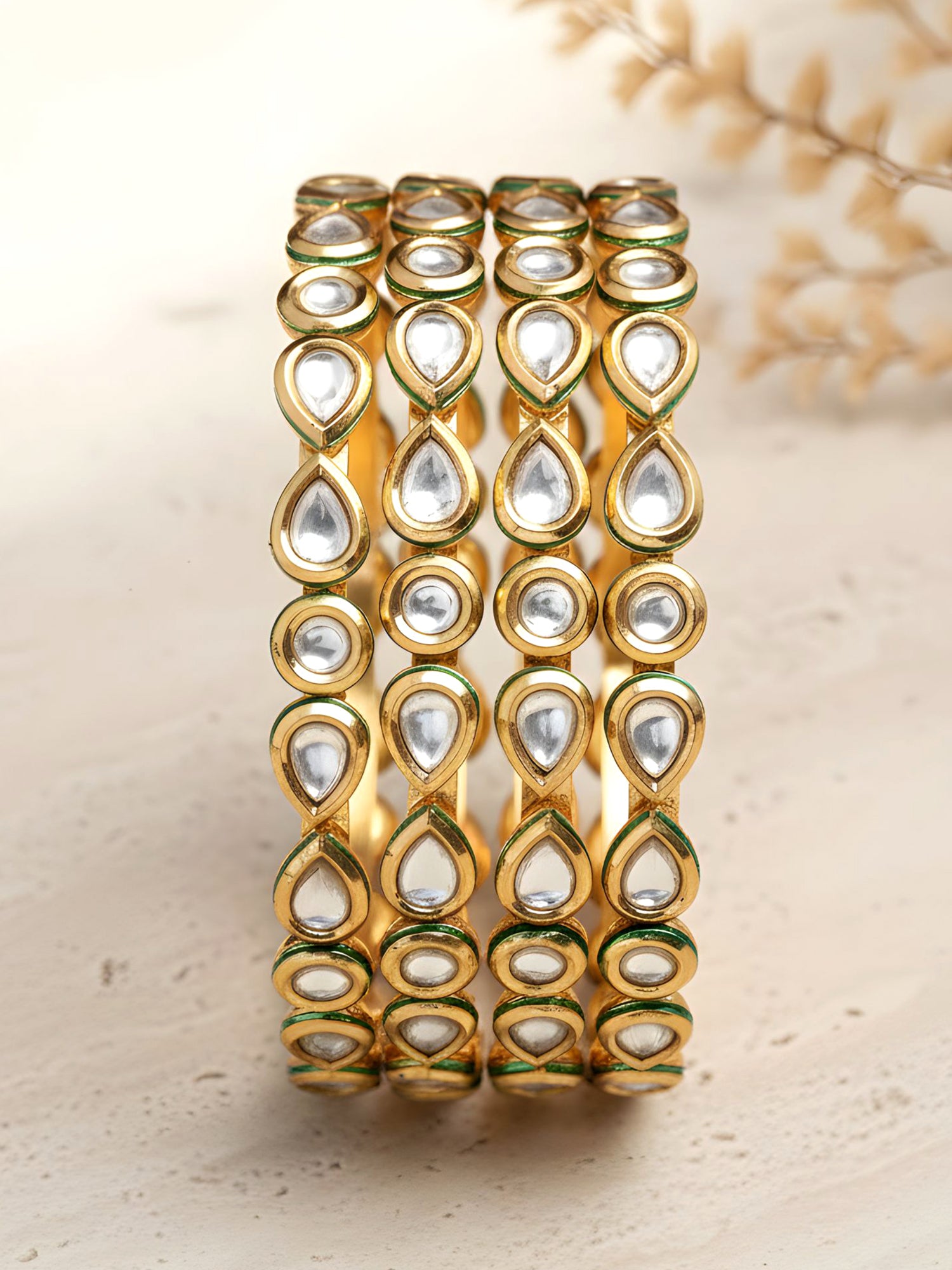 Karatcart Set of 4 Gold Plated Round and Drop Shape Polki Kundan Studded Bangles for Women