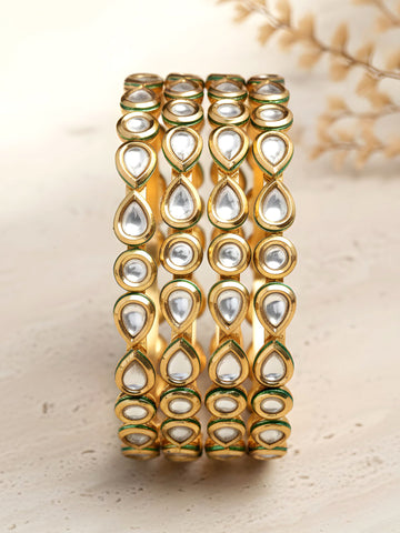 Karatcart Set of 4 Gold Plated Round and Drop Shape Polki Kundan Studded Bangles for Women