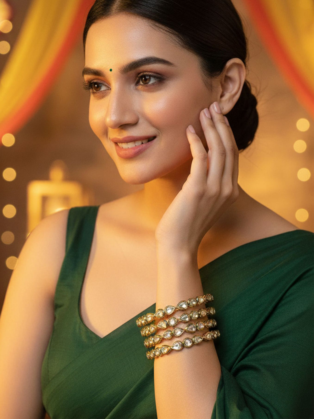 Karatcart Set of 4 Gold Plated Round and Drop Shape Polki Kundan Studded Bangles for Women