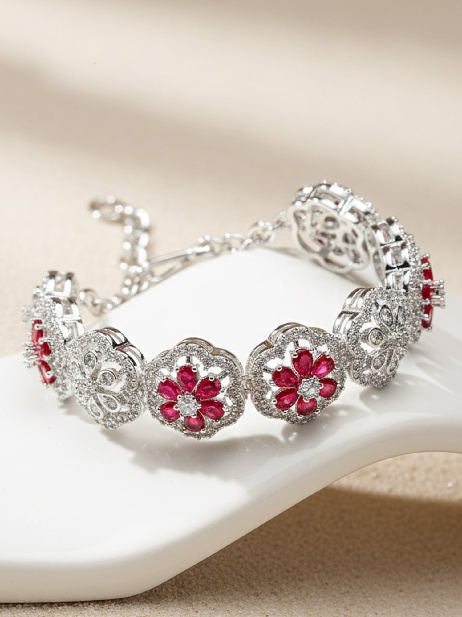 Karatcart Silver Tone Red Cubic Zirconia Studded Bracelet for Women