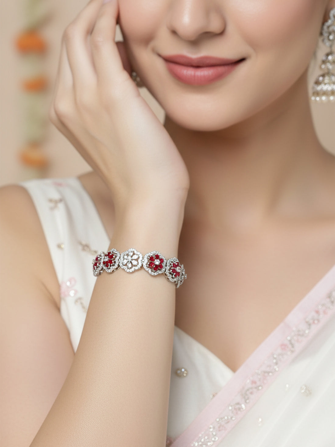 Karatcart Silver Tone Red Cubic Zirconia Studded Bracelet for Women