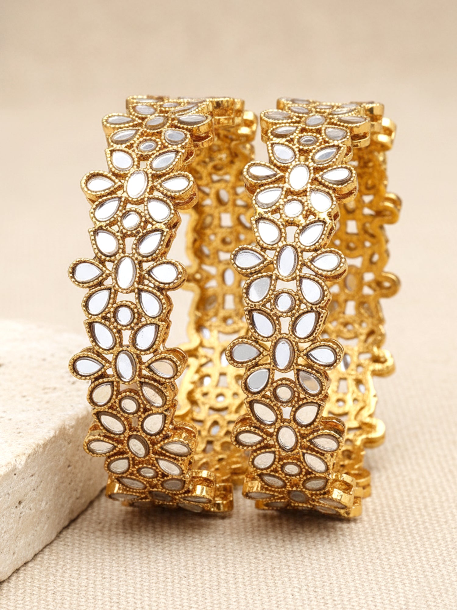 Karatcart Antique Gold Plated Set of 2 Mirror Studded Bangles for Women