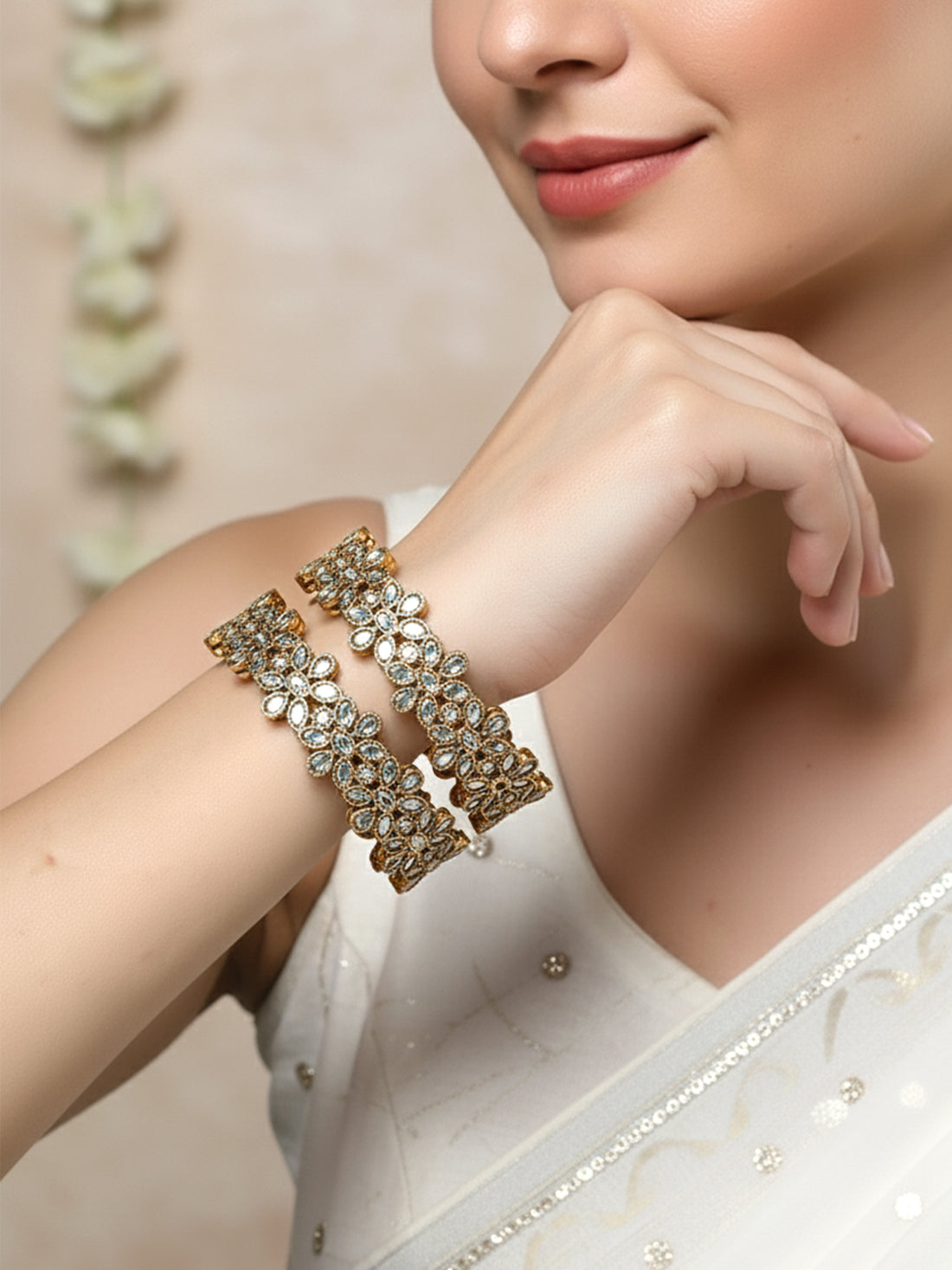 Karatcart Antique Gold Plated Set of 2 Mirror Studded Bangles for Women