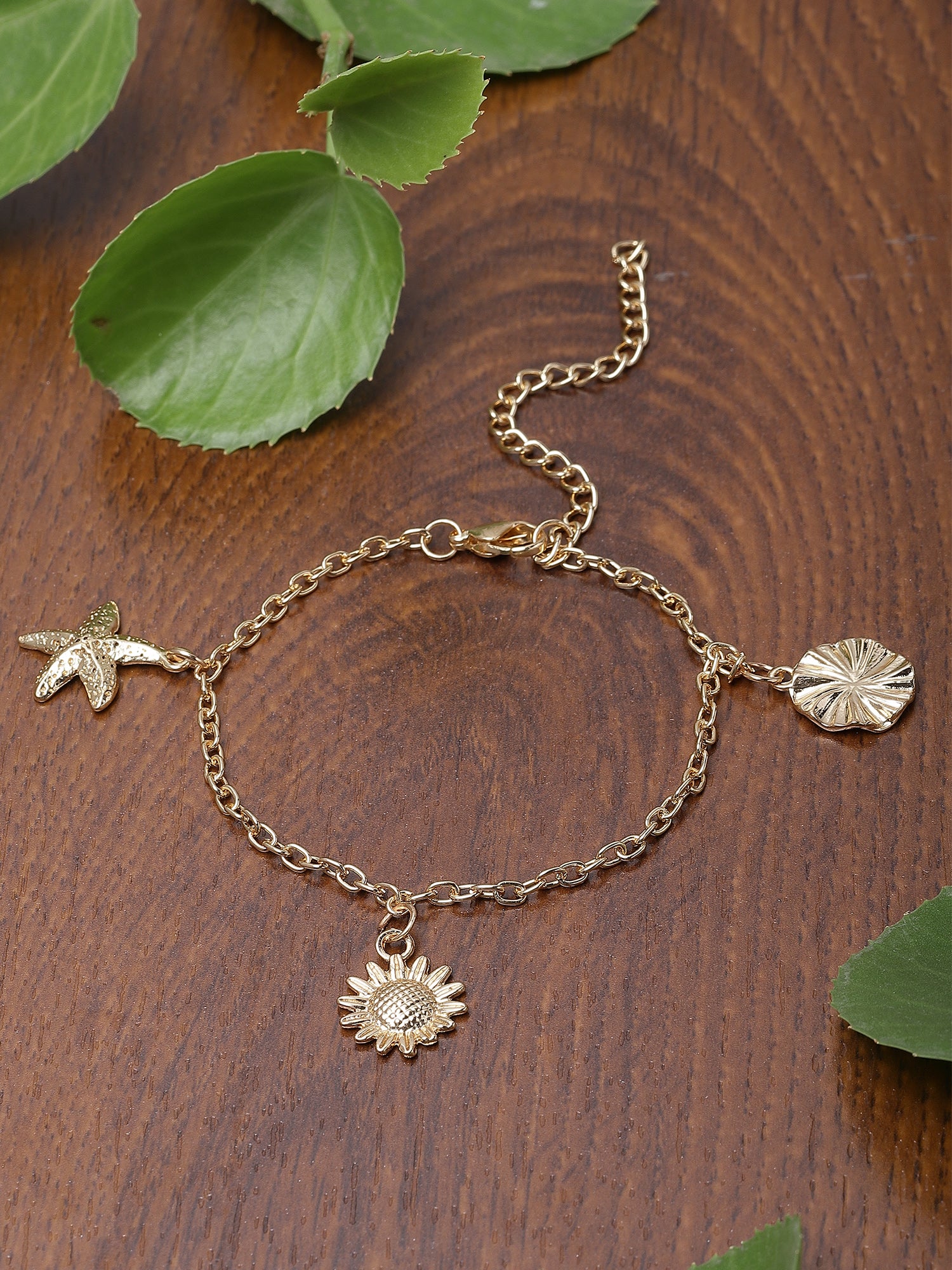 Bohey by KARATCART Gold Plated Adjustable Link Chain Bracelet with Sunflower and Star Charms for Women