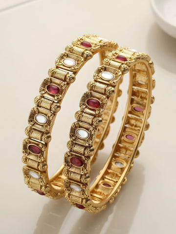 Karatcart Set of 2 Gold Plated Red and White Stone Studded Bangles for Women