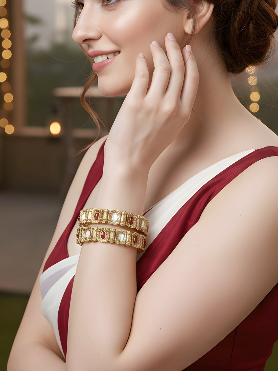 Karatcart Set of 2 Gold Plated Red and White Stone Studded Bangles for Women