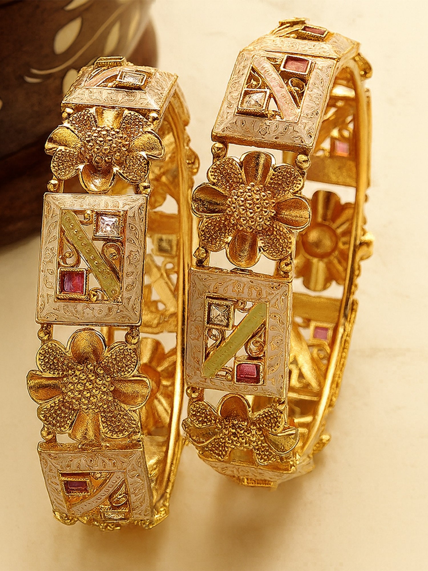 Karatcart Set of 2 Gold Plated Pink Meena Floral Design Bangles for Women