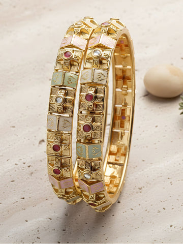 Karatcart Set of 2 Gold Plated Multi Color Meena Floral Bangles for Women