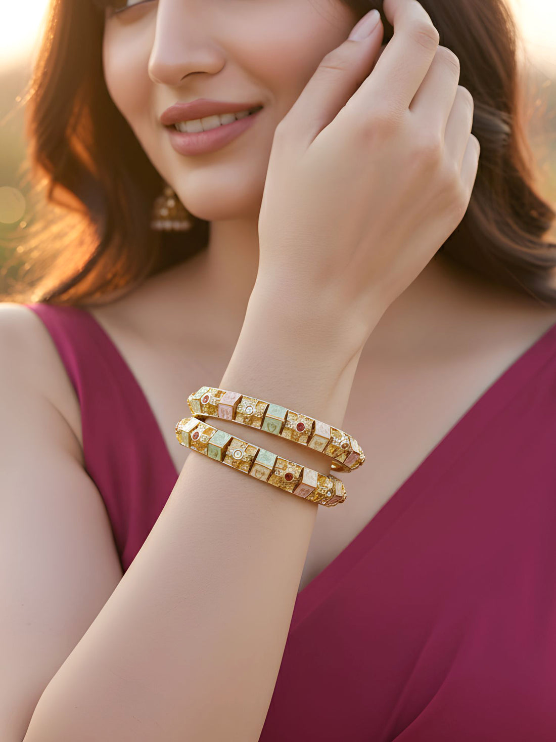 Karatcart Set of 2 Gold Plated Multi Color Meena Floral Bangles for Women