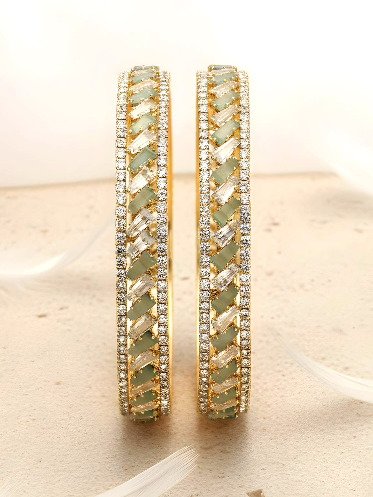 Karatcart Set of 2 Gold Plated Lime Green CZ Studded Bangles for Women