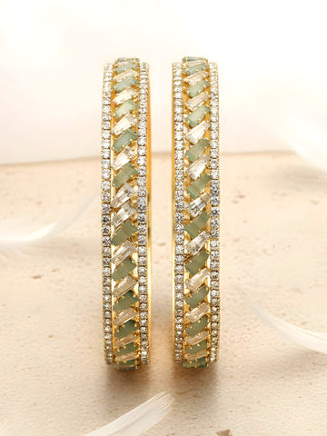 Karatcart Set of 2 Gold Plated Lime Green CZ Studded Bangles for Women